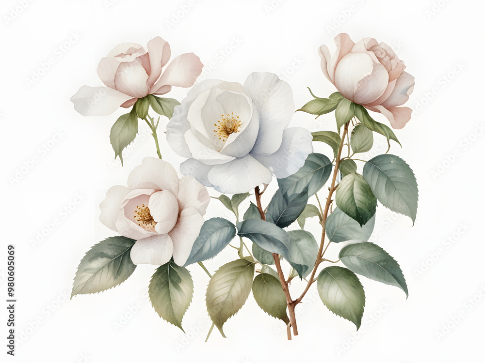Obraz premium Cotton rose flower clipart , white flowers on a white background, Cotton rose painting by watercolor