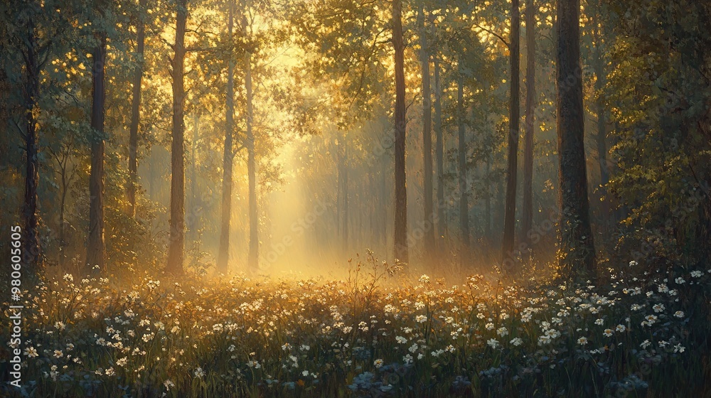 Obraz premium Serene Forest at Sunrise with Mist and Wildflowers