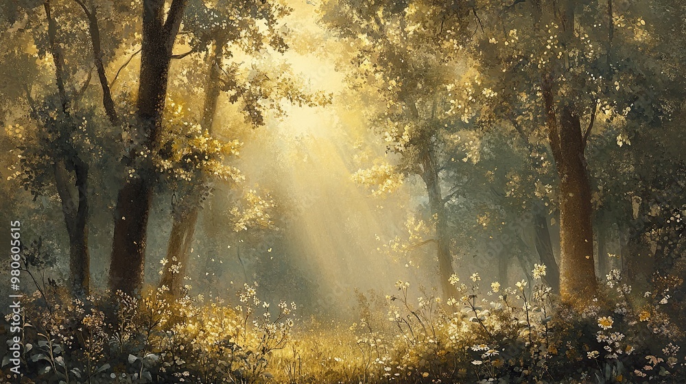 Fototapeta premium Serene Forest with Sunlight Streaming Through Trees