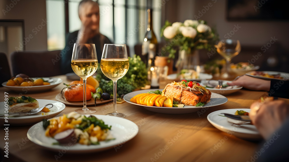 Home dining scene with delivered gourmet dishes, Home dining scene with delivered gourmet dishes,