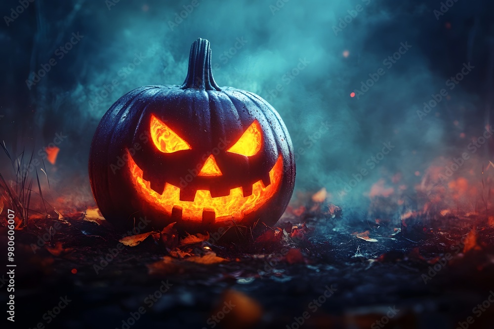 Glowing jack-o'-lantern among autumn leaves in a foggy forest at night. Generative AI Glowing jack-o'-lantern among autumn leaves in a foggy forest at night. Generative AI