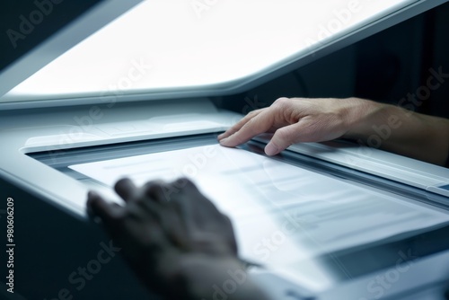 Close-up of a person scanning documents on a copier, representing office work, technology, and the process of digital documentation. photo