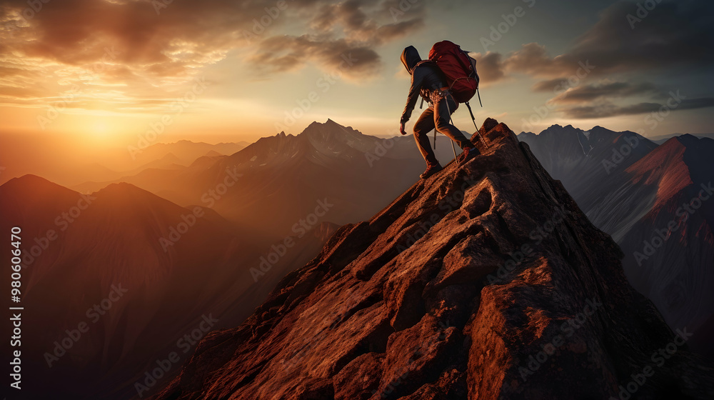 Mountain climber reaching a summit at sunset, Mountain climber reaching a summit at sunset,