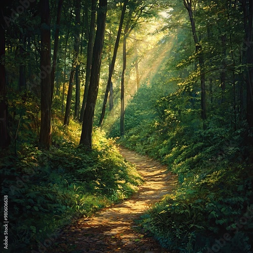 "Sunlight Filtering Through Trees on a Serene Forest Path"