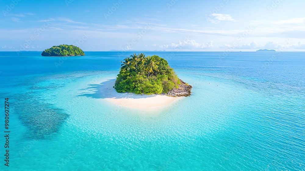 Fototapeta premium Aerial view of a tropical island surrounded by coral reefs and crystal-clear waters, perfect for a beach destination promotion, deep depth of field, Product photography with high resolution, studio