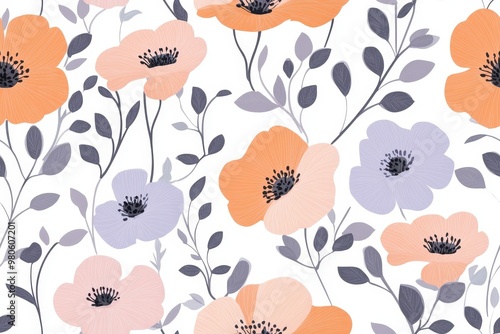 A floral pattern featuring orange, lavender, and pink flowers with green leaves on a white background.
