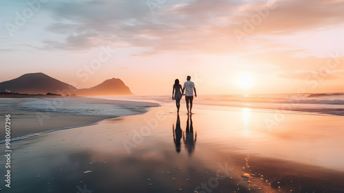 Romantic couple strolling along the beach at sunrise,