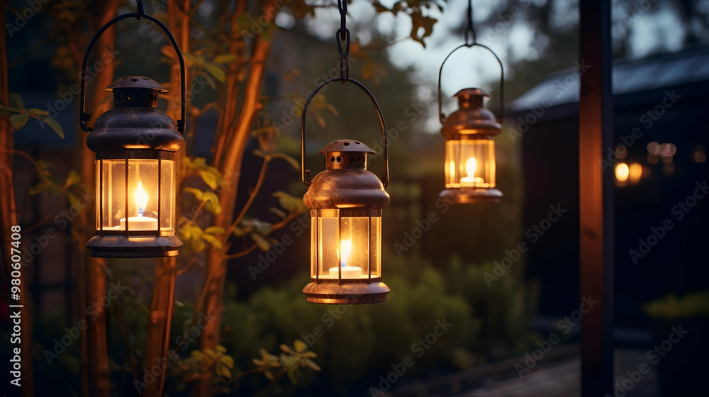 Obraz premium Rustic lanterns hanging in a garden at dusk,