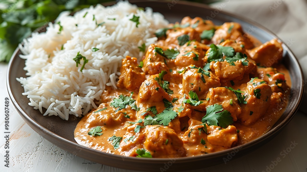 Chicken Tikka Masala with Rice on a Brown Plate Chicken Tikka Masala with Rice on a Brown Plate
