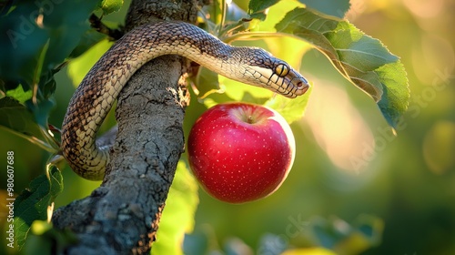 Snake in a apple tree next to a red apple representing original sin