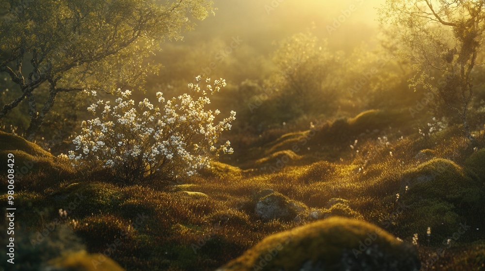 Serene Morning Glow in a Flowering Forest Serene Morning Glow in a Flowering Forest