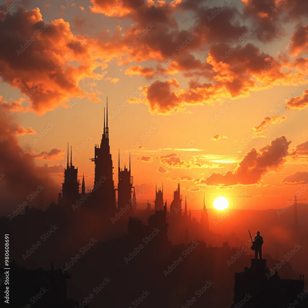 Naklejka premium destroyed city with a beautiful sunset, future, dark 
