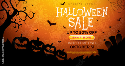 Halloween Sale Banner Illustration with Pumpkins, Cemetery and Flying Bats on Orange Background. Vector Holiday Design Template with Typography Lettering for Offer, Coupon, Celebration Flyer, Voucher
