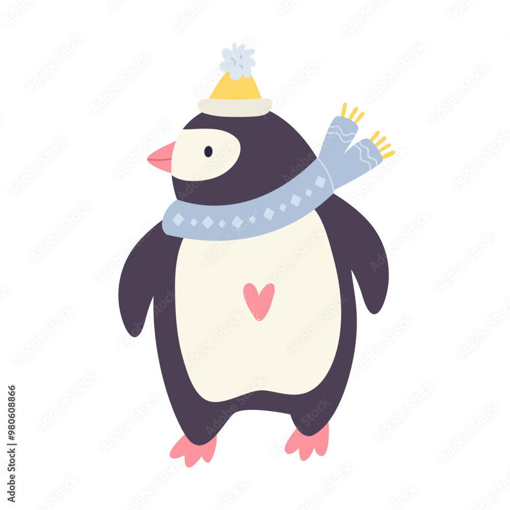 Fototapeta premium Playful cartoon vector illustration of a penguin in scarf and hat on white background