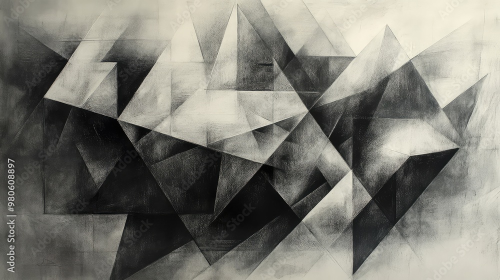 Abstract Black and White Charcoal Drawing Featuring Geometric Shapes - Modern Minimalist Art with Bold Lines and Contrasting Shades Abstract Black and White Charcoal Drawing Featuring Geometric Shapes - Modern Minimalist Art with Bold Lines and Contrasting Shades