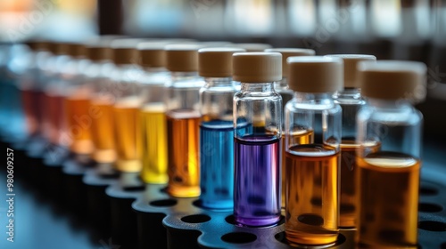 Assortment of Vials with Various Colored Liquids - Vibrant Collection of Scientific Samples in Glass Containers for Laboratory and Research Use