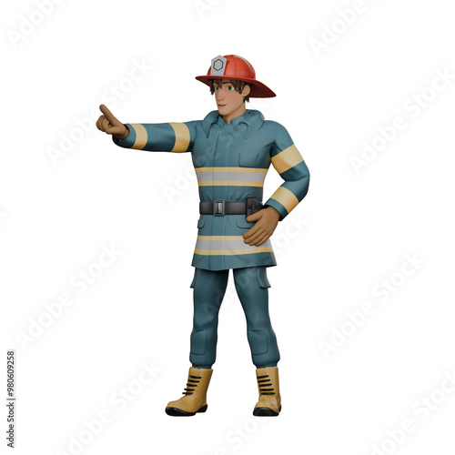 Firefighting Illustration. A firefighter stands with his right hand straight forward with his index finger raised while his left hand is on his waist. 3D Male Firefighter photo