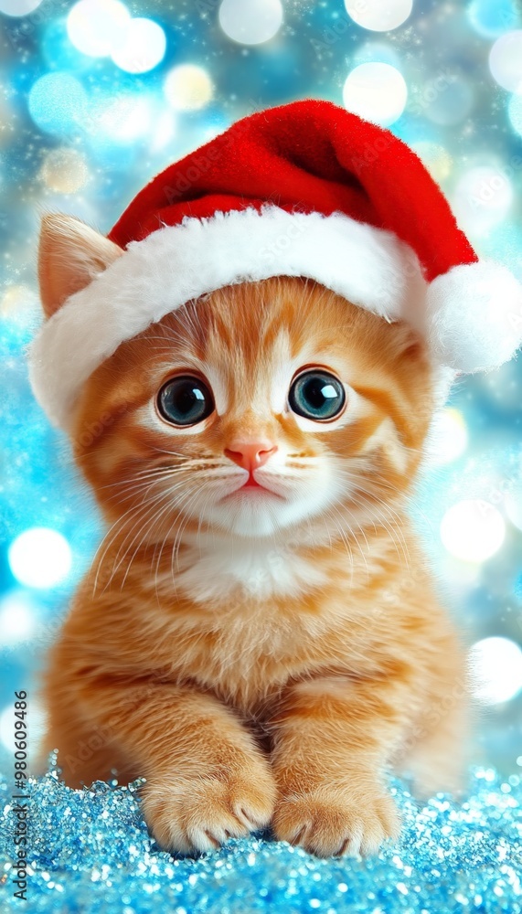 Adorable Ginger Kitten Wearing Santa Hat on Blue, Soft, Airy Christmas Bokeh background. Adorable Ginger Kitten Wearing Santa Hat on Blue, Soft, Airy Christmas Bokeh background.