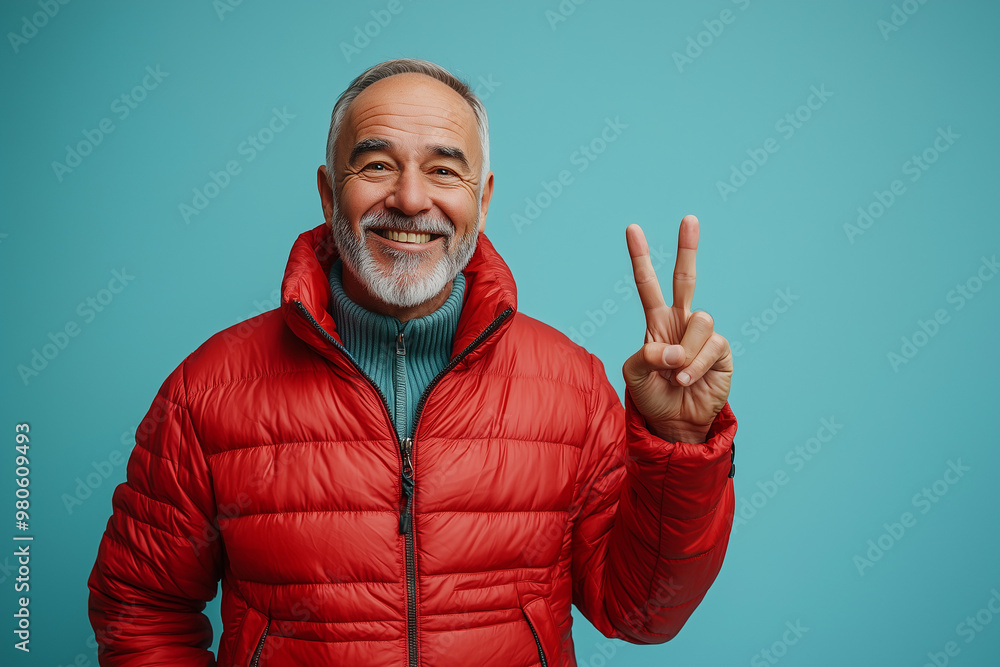 Smiling Senior Man Showing Peace Sign in Red Jacket Smiling Senior Man Showing Peace Sign in Red Jacket