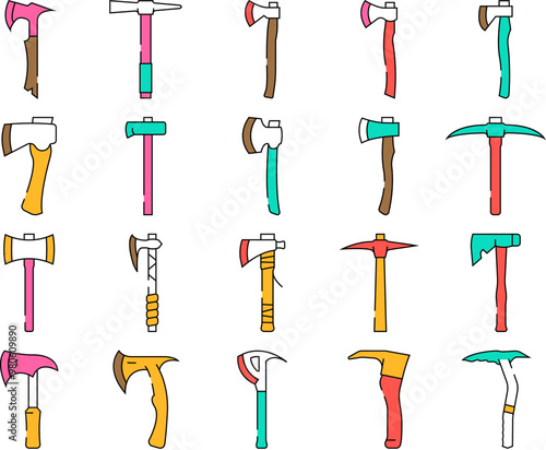 axe hatchet wood blade tool icons set vector. wooden equipment, ax work steel, tree forest, timber, lumberjack, old, metal, weapon axe hatchet wood blade tool color Contour Illustrations