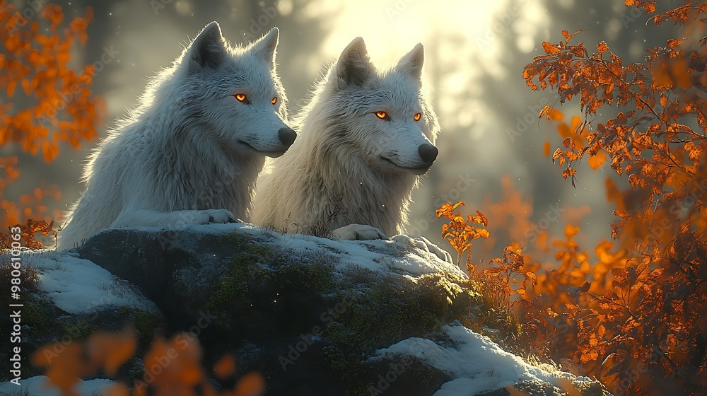 Two White Wolves in a Snowy Forest with Autumn Leaves Two White Wolves in a Snowy Forest with Autumn Leaves