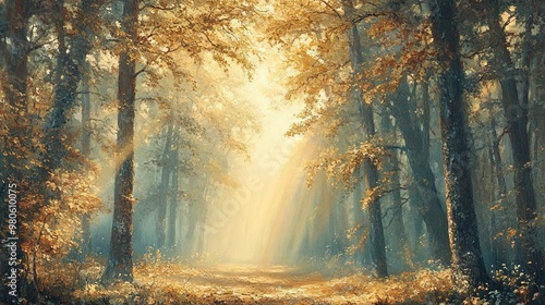 "Enchanting Autumn Forest with Golden Sunlight"