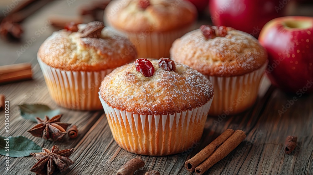 Apples and cinnamon muffins on wooden table Apples and cinnamon muffins on wooden table