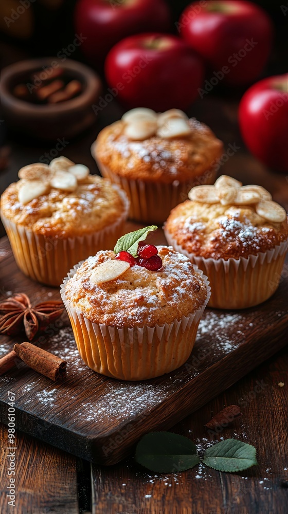 Apples and cinnamon muffins on wooden table Apples and cinnamon muffins on wooden table
