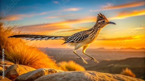 Desert landscape with a fast-moving roadrunner bird, stripes on back, black throat, and long tail, jumping over a rocky outcropping at sunrise. photo