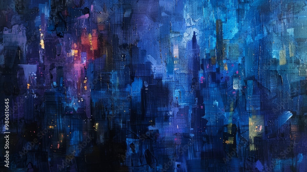 Abstract Cityscape Painting with Blue and Purple Hues Abstract Cityscape Painting with Blue and Purple Hues