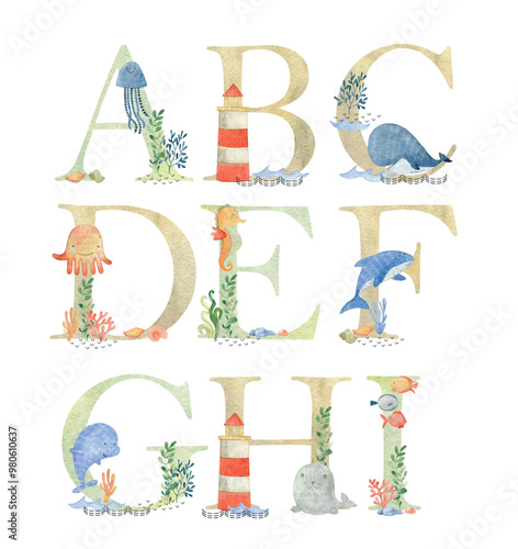 Watercolor sea animals letters.