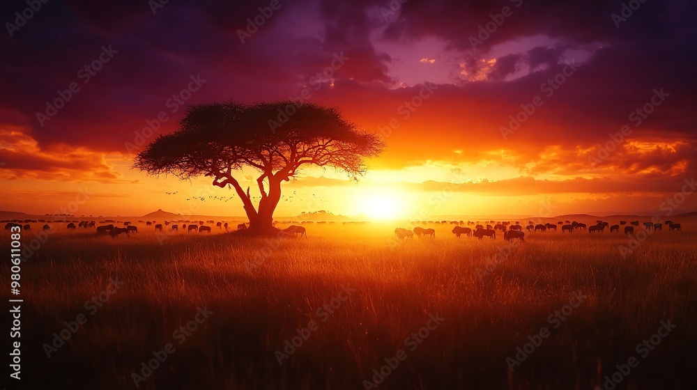 A stunning sunset over a savanna with a lone tree and grazing animals. A stunning sunset over a savanna with a lone tree and grazing animals.