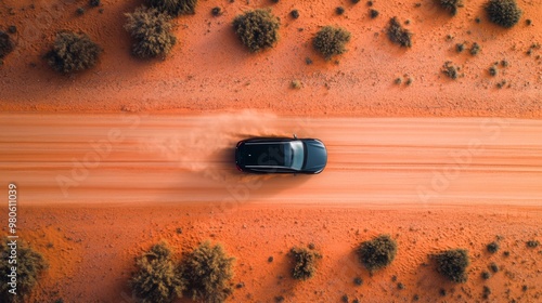 Desert road top view of car driving through the deserted area with dry land along dirt road