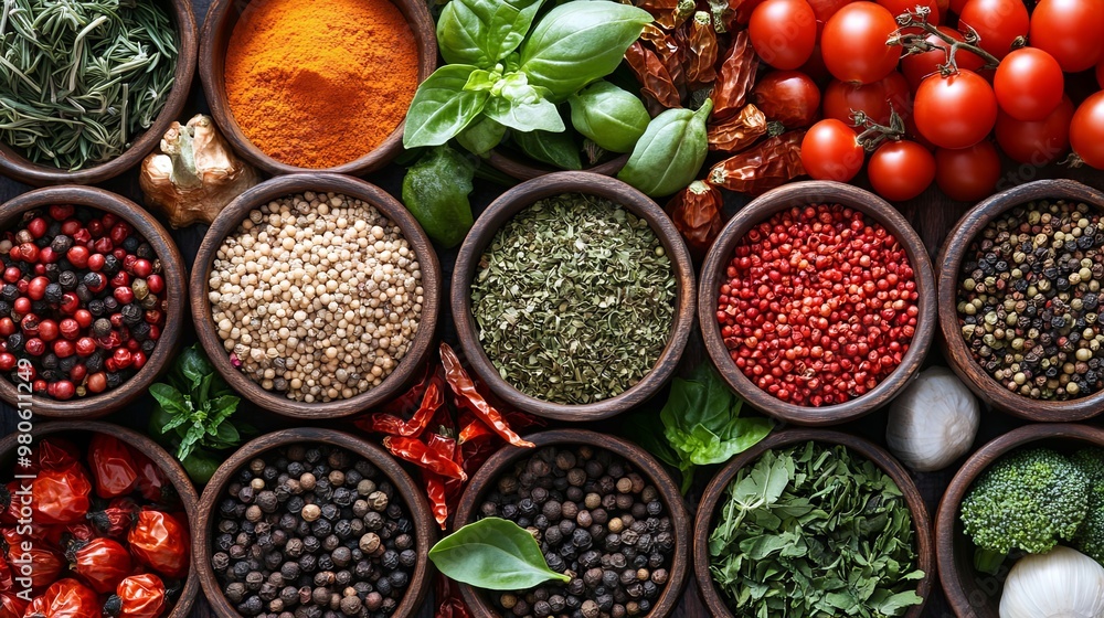 Assortment of vegetables herbs and spices Assortment of vegetables herbs and spices