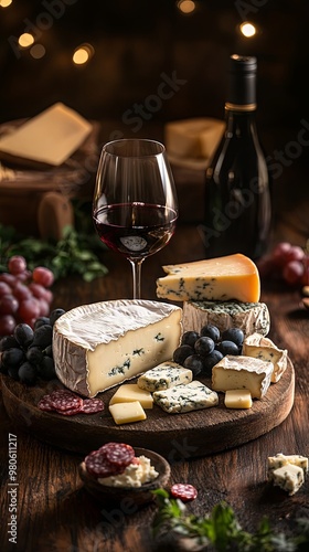 Assortment of cheeses and wine on wooden table