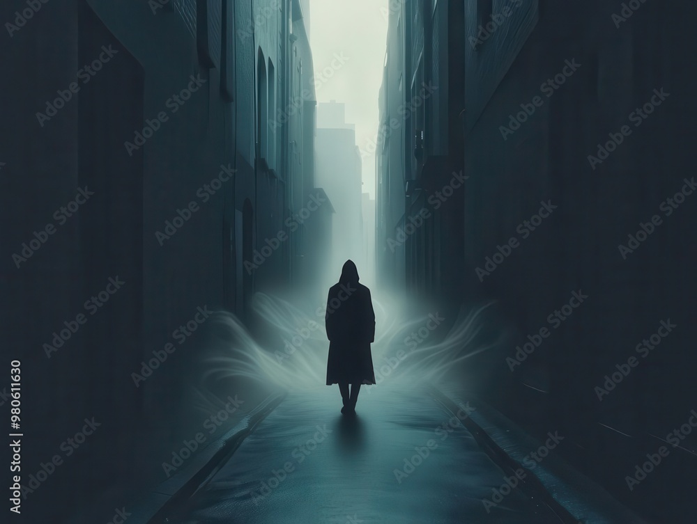 A lone figure stands in the center of a dark A lone figure stands in the center of a dark