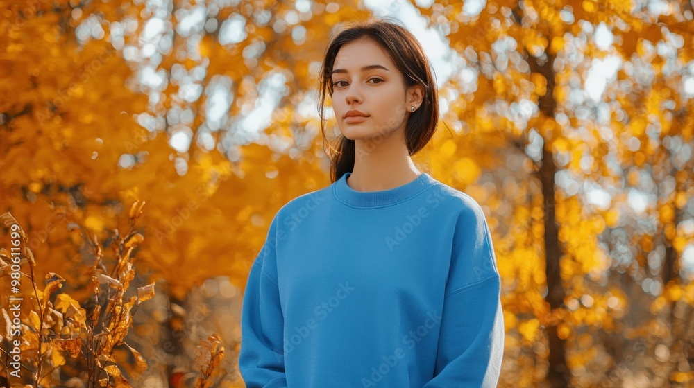Portrait of a young woman wearing a crewneck blue mockup sweatshirt with fall colors and themed background for autumn season female fashion ,generated ai. Portrait of a young woman wearing a crewneck blue mockup sweatshirt with fall colors and themed background for autumn season female fashion ,generated ai.