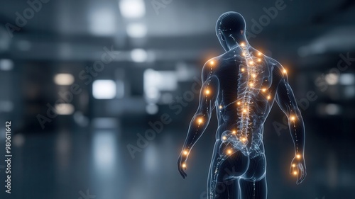 A CG 3D panoramic view of a human silhouette in motion, pinpointing various pain symptoms with glowing markers, showcasing a photorealistic representation of discomfort zones photo