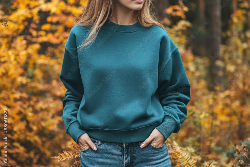 Portrait of a young woman wearing a crewneck blue mockup sweatshirt with fall colors and themed background for autumn season female fashion ,generated ai.