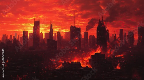 A dystopian city skyline burning under a crimson sky with crumbling buildings and fleeing civilians, a harrowing scene of urban chaos and destruction photo