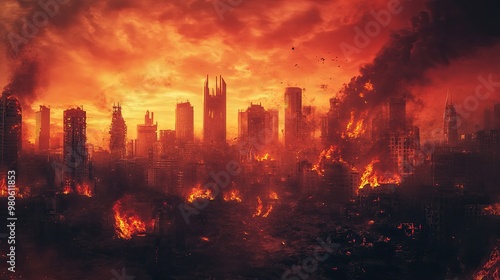 A dystopian city skyline burning under a crimson sky with crumbling buildings and fleeing civilians, a harrowing scene of urban chaos and destruction photo