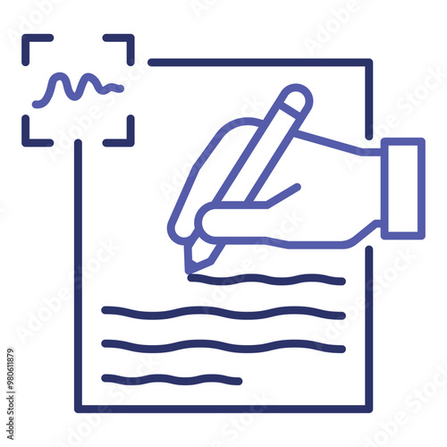 Handwriting Recognition icon. Simple vector icon of hand with pen on page.  Icon showcasing technology that interprets handwritten input from paper or touchscreen devices.