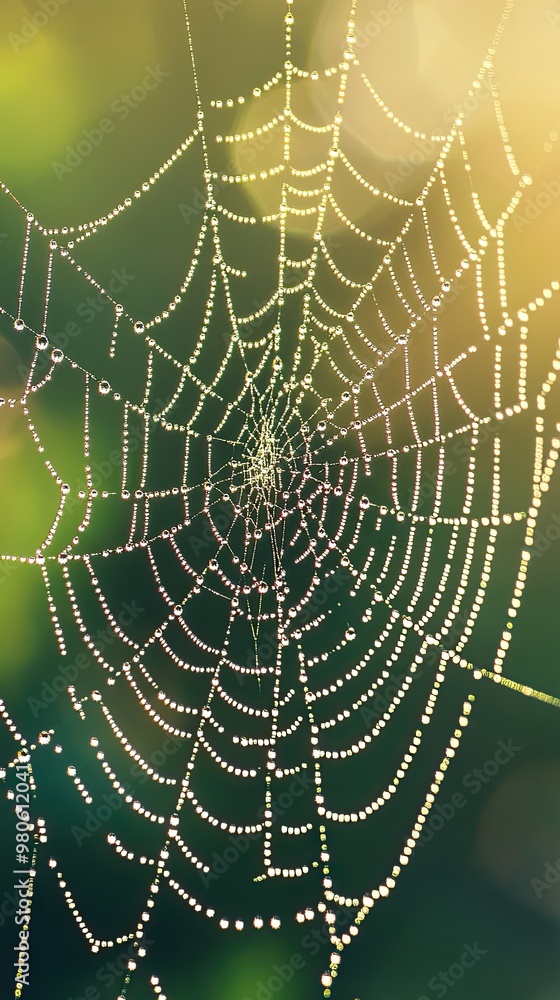 Naklejka premium Intricate spiderweb dew-covered filaments shining in morning light with tiny droplets glistening against fine silky threads natural texture in delicate patterns