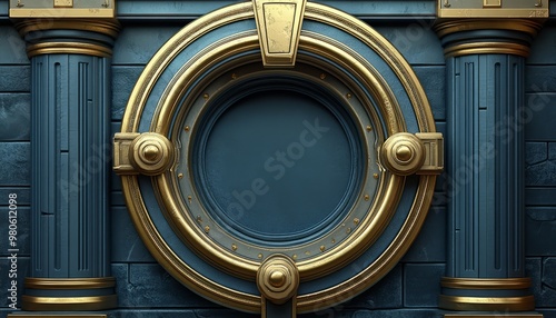 Circular Frame with Ornate Gold Trim and Pillars on a Blue Wall