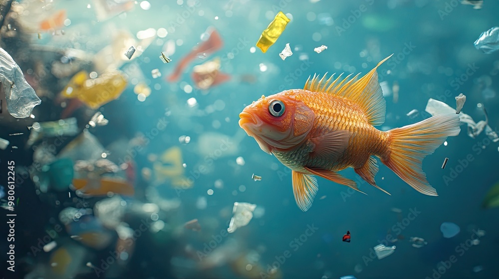 A close-up of fish swimming among floating plastic particles and waste, emphasizing the urgency of addressing ocean pollution A close-up of fish swimming among floating plastic particles and waste, emphasizing the urgency of addressing ocean pollution