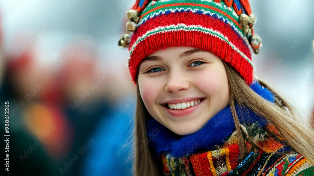 Smiling beautiful girls in traditional clothes of Sami people. Sami National Day. Horizontal banner. Free space for text. Young Sami woman in festive outfit Smiling beautiful girls in traditional clothes of Sami people. Sami National Day. Horizontal banner. Free space for text. Young Sami woman in festive outfit