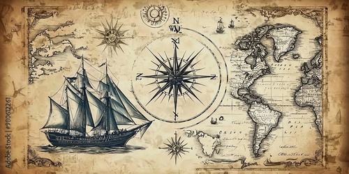 Abstract background on the theme of travel, adventure and discovery. Old hand drawn map with vintage sailing yachts, wind rose, routs, nautical symbols.