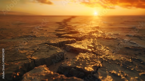 Sunset over cracked earth, symbolizing the depletion of water resources during America's great drought, close-up, hyper-realistic, photorealistic, cinematic style. photo