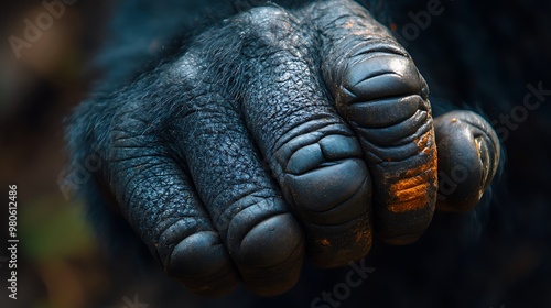 Close-up of a gorilla's hand with wrinkled skin and prominent knuckles.