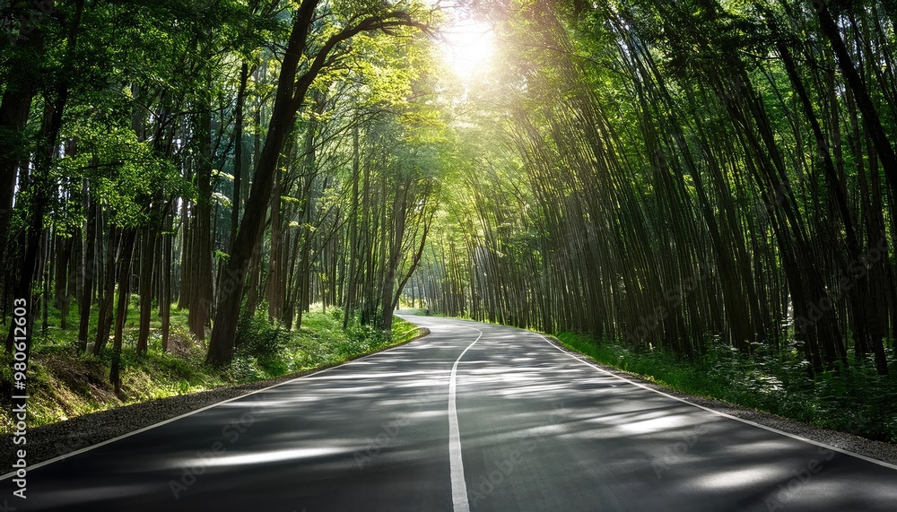 Obraz premium Sunlit road through lush green forest